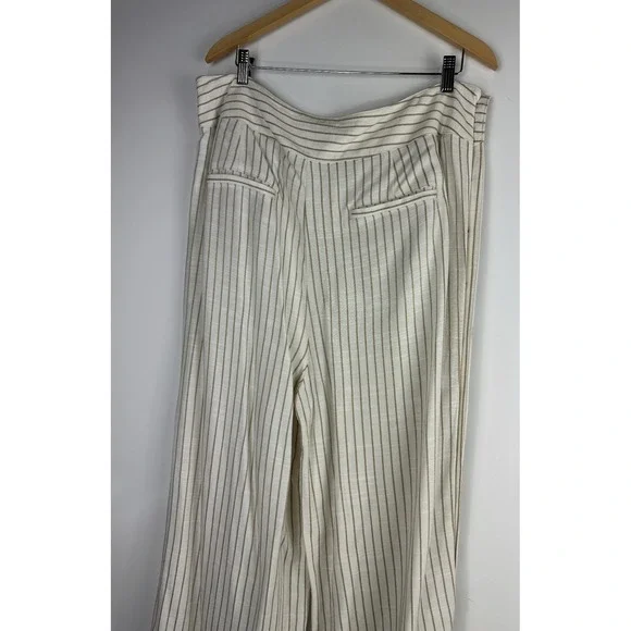 by Anthropologie Buttoned Wide Leg Pants Cream Stripe High Rise Ankle US Size 14 - Picture 12 of 13